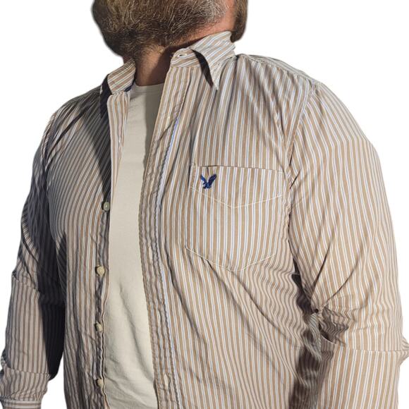 American Eagle Men's Striped Button Down Shirt Sz Medium Cotton Logo Collegiate - Picture 2 of 9